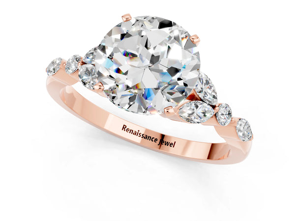 Rose gold Round Cut Moissanite Solitaire Ring with Side Stones and Four-Prong Setting