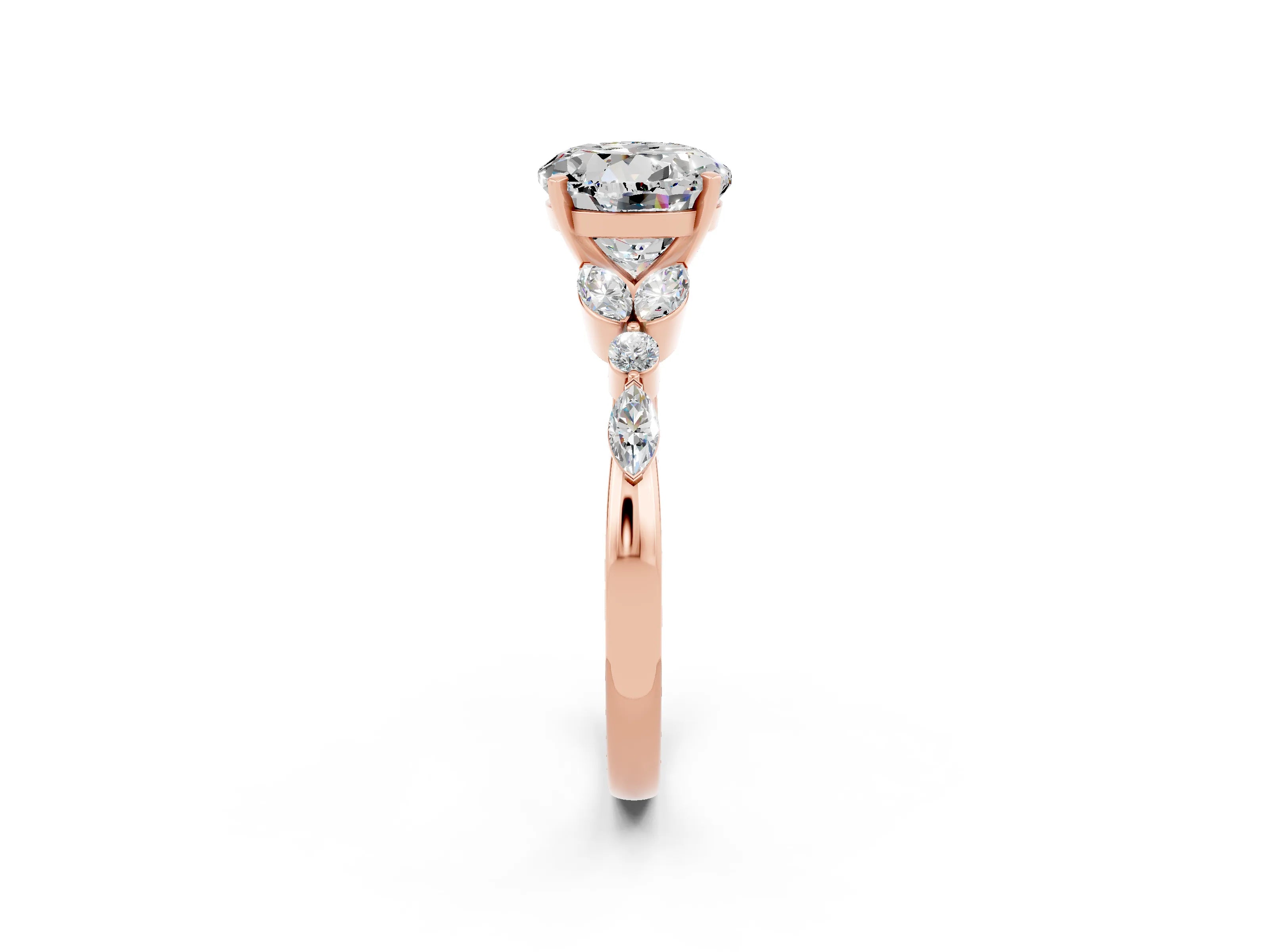Rose gold Round Cut Moissanite Solitaire Ring with Side Stones and Four-Prong Setting_14