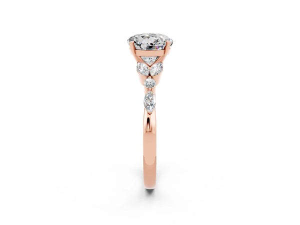 Rose gold Round Cut Moissanite Solitaire Ring with Side Stones and Four-Prong Setting