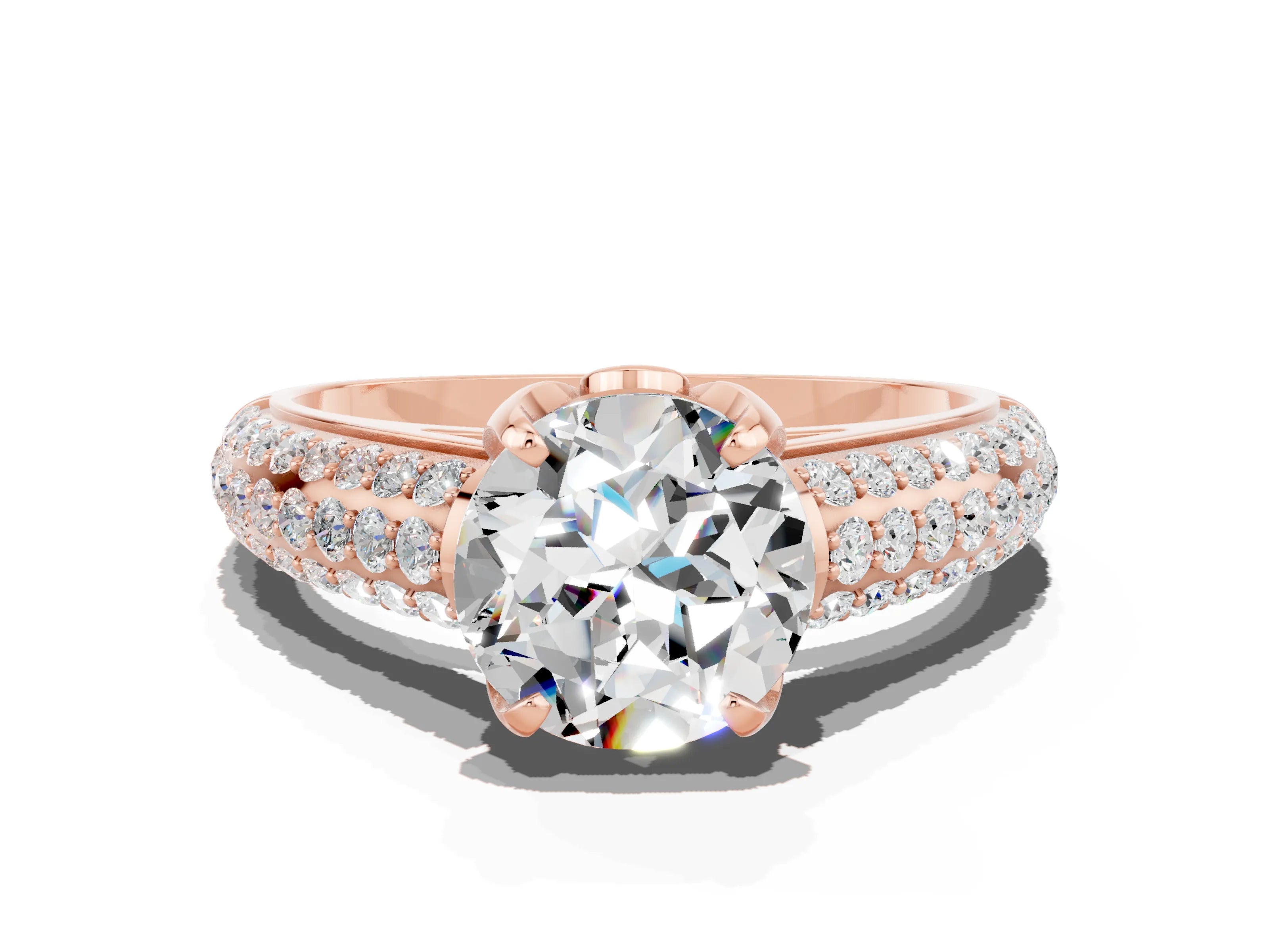 Rose gold Round Cut Moissanite Solitaire Ring with Three-Row Pavé Band and Four-Prong Setting_12