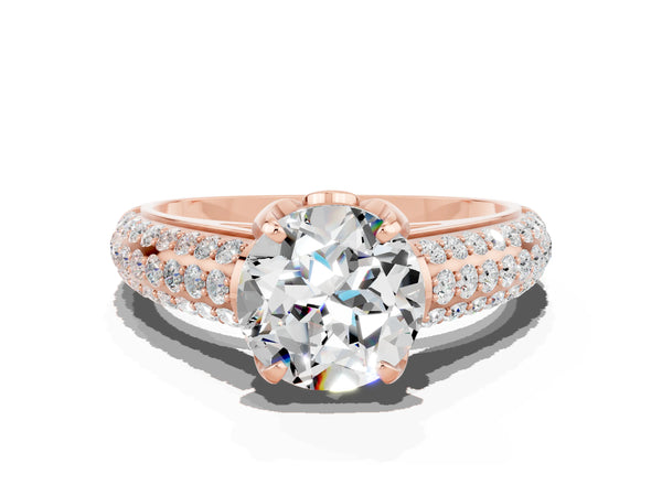 Rose gold Round Cut Moissanite Solitaire Ring with Three-Row Pavé Band and Four-Prong Setting