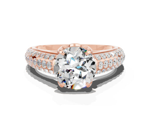 Rose gold Round Cut Moissanite Solitaire Ring with Three-Row Pavé Band and Four-Prong Setting_12