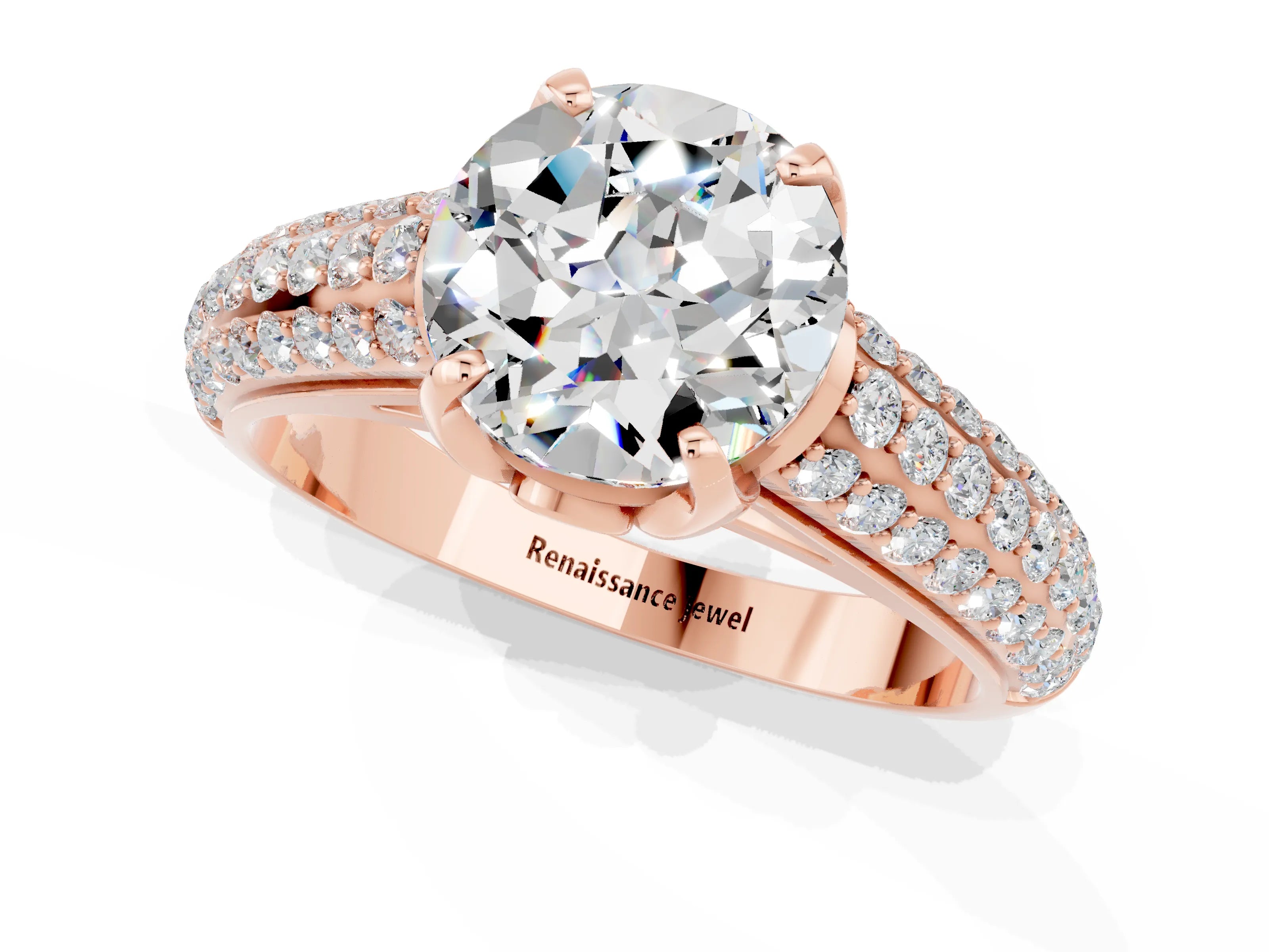 Rose gold Round Cut Moissanite Solitaire Ring with Three-Row Pavé Band and Four-Prong Setting_13