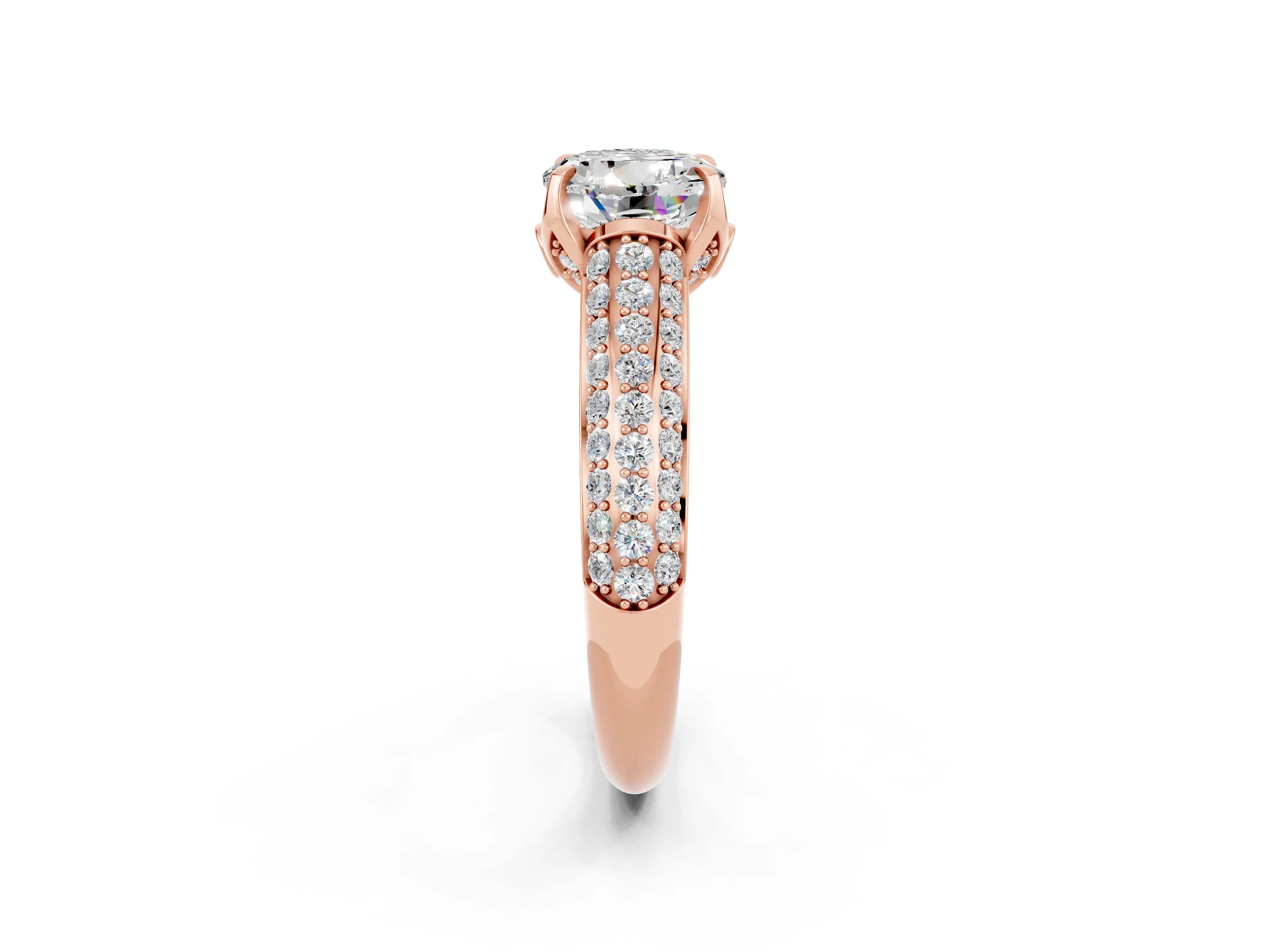 Rose gold Round Cut Moissanite Solitaire Ring with Three-Row Pavé Band and Four-Prong Setting_14