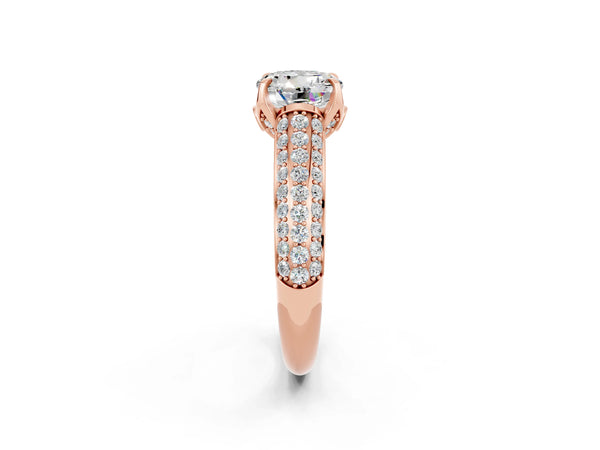 Rose gold Round Cut Moissanite Solitaire Ring with Three-Row Pavé Band and Four-Prong Setting