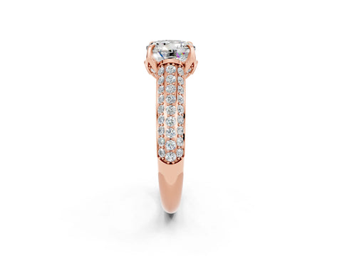 Rose gold Round Cut Moissanite Solitaire Ring with Three-Row Pavé Band and Four-Prong Setting_14