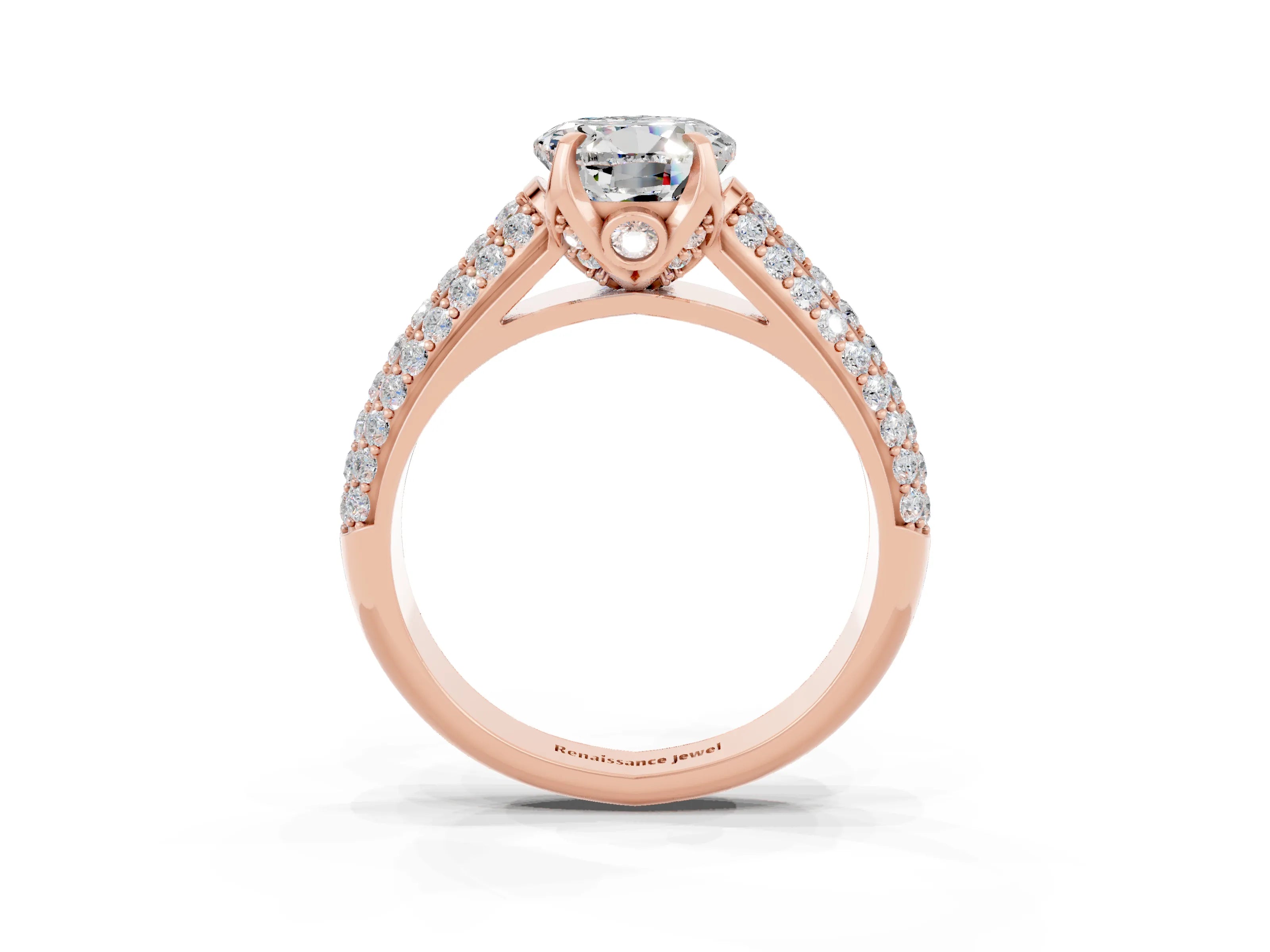 Rose gold Round Cut Moissanite Solitaire Ring with Three-Row Pavé Band and Four-Prong Setting_15
