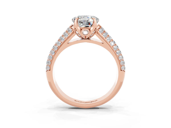 Rose gold Round Cut Moissanite Solitaire Ring with Three-Row Pavé Band and Four-Prong Setting