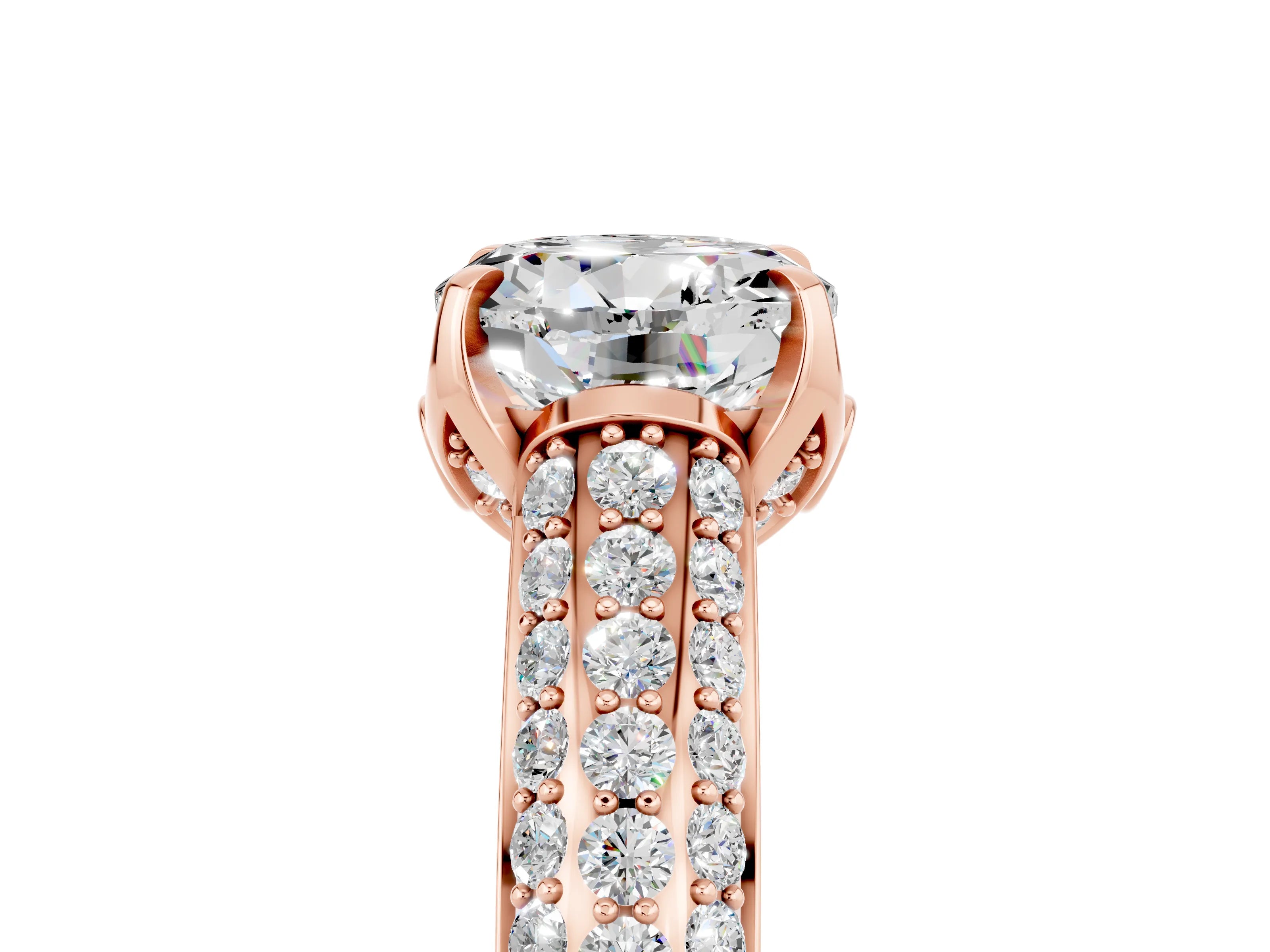 Rose gold Round Cut Moissanite Solitaire Ring with Three-Row Pavé Band and Four-Prong Setting_17