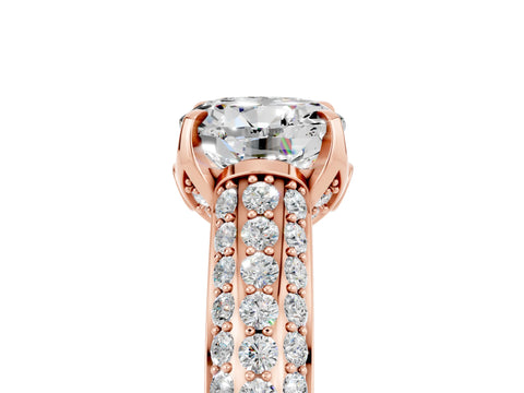 Rose gold Round Cut Moissanite Solitaire Ring with Three-Row Pavé Band and Four-Prong Setting_17