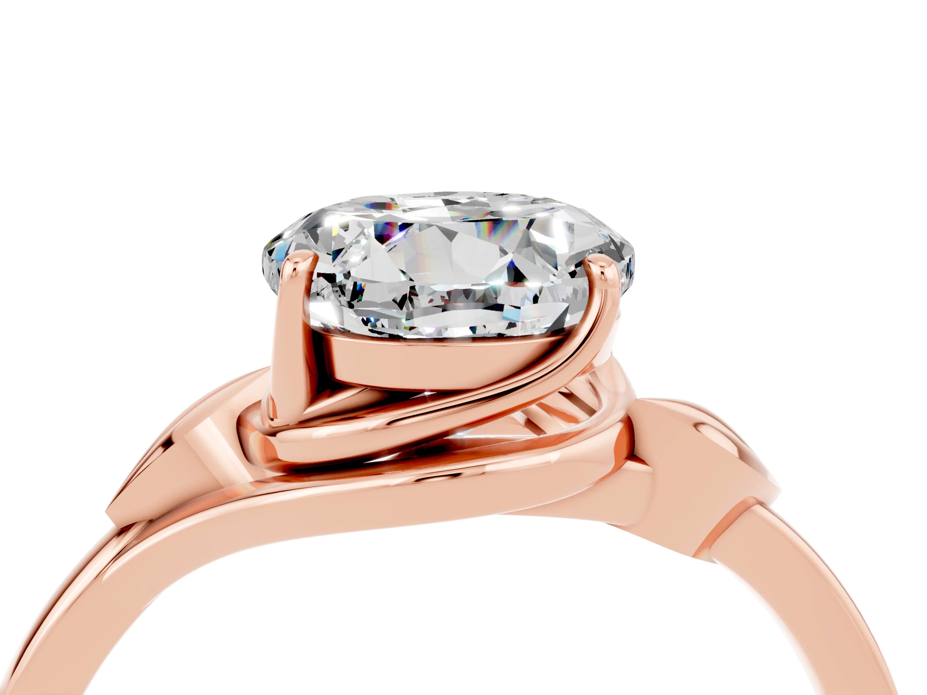 Rose gold Round Cut Moissanite Solitaire Ring with Twist Band and Four-Prong Setting_28