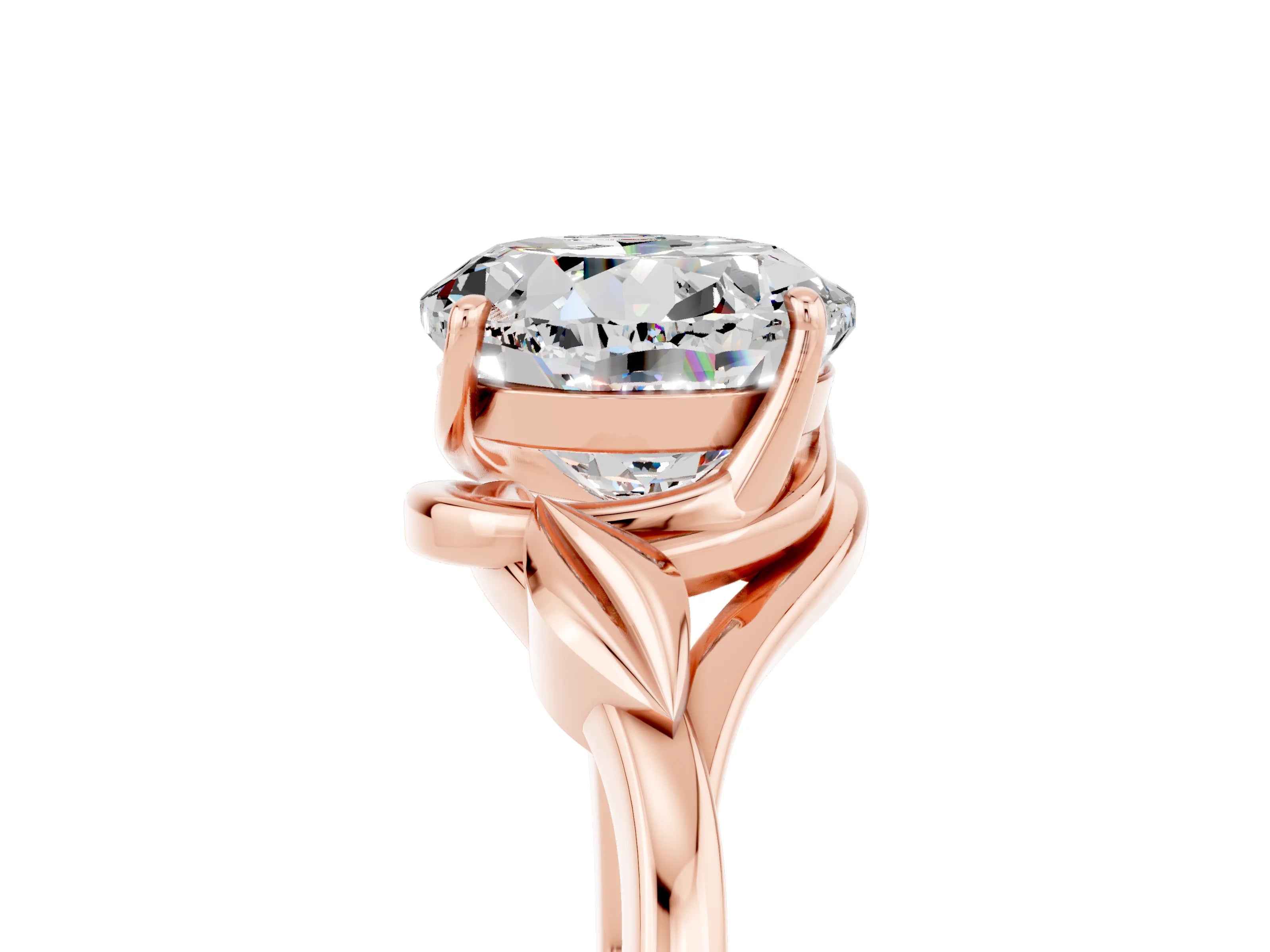 Rose gold Round Cut Moissanite Solitaire Ring with Twist Band and Four-Prong Setting_29