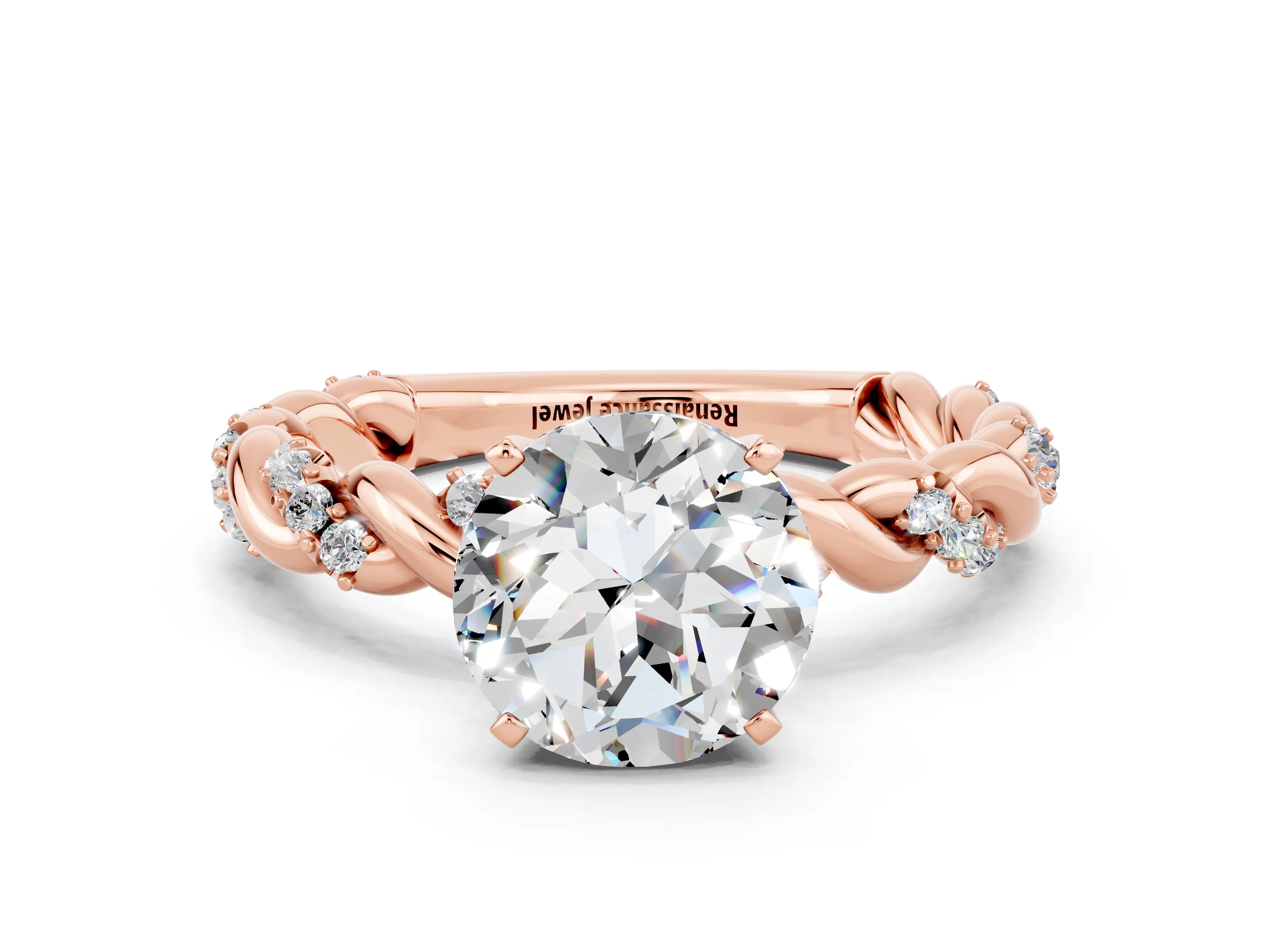 Rose gold Round Cut Moissanite Solitaire Ring with Twisted Band and Pavé Accents