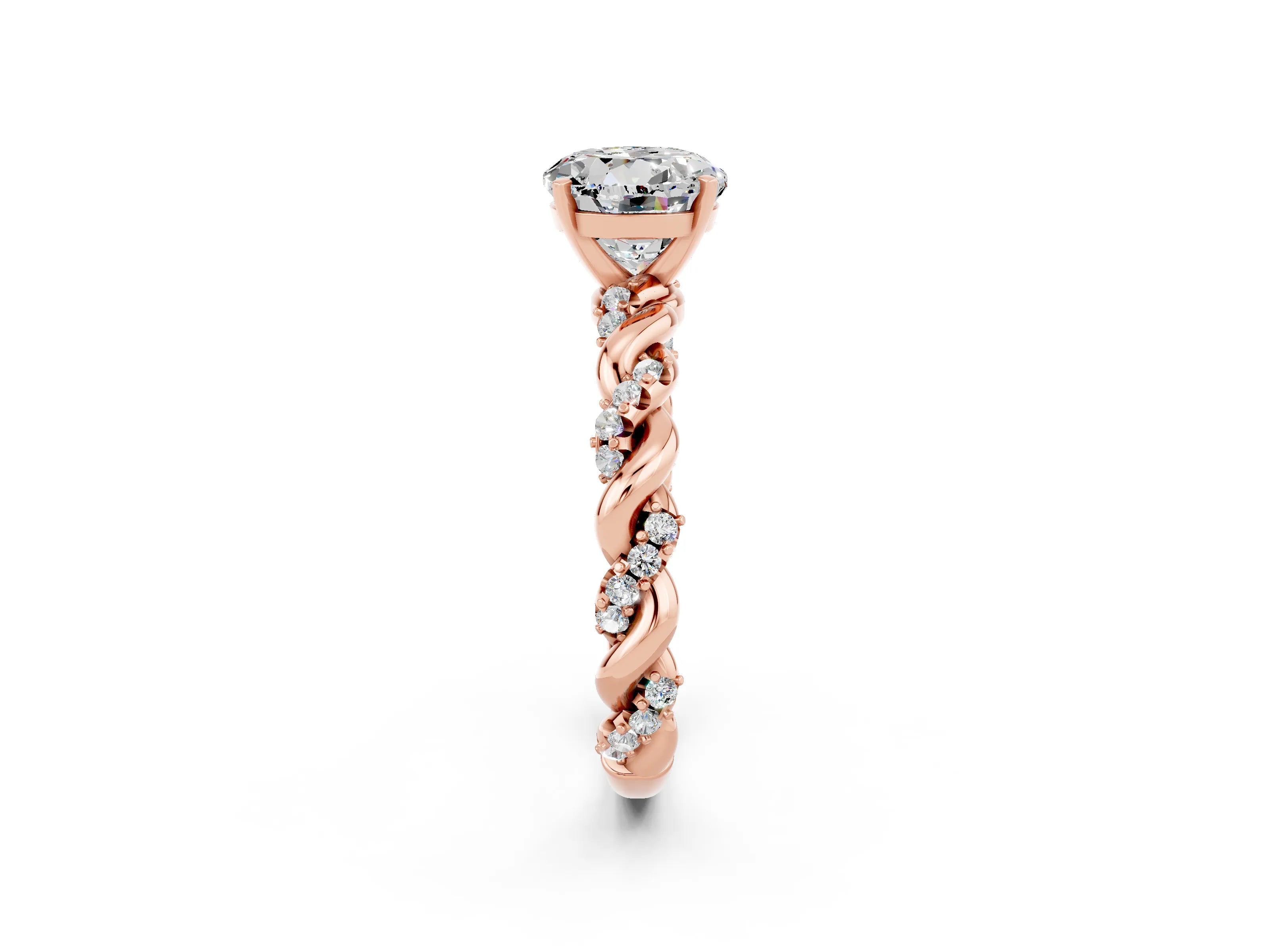 Rose gold Round Cut Moissanite Solitaire Ring with Twisted Band and Pavé Accents_2