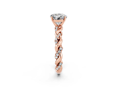 Rose gold Round Cut Moissanite Solitaire Ring with Twisted Band and Pavé Accents_2