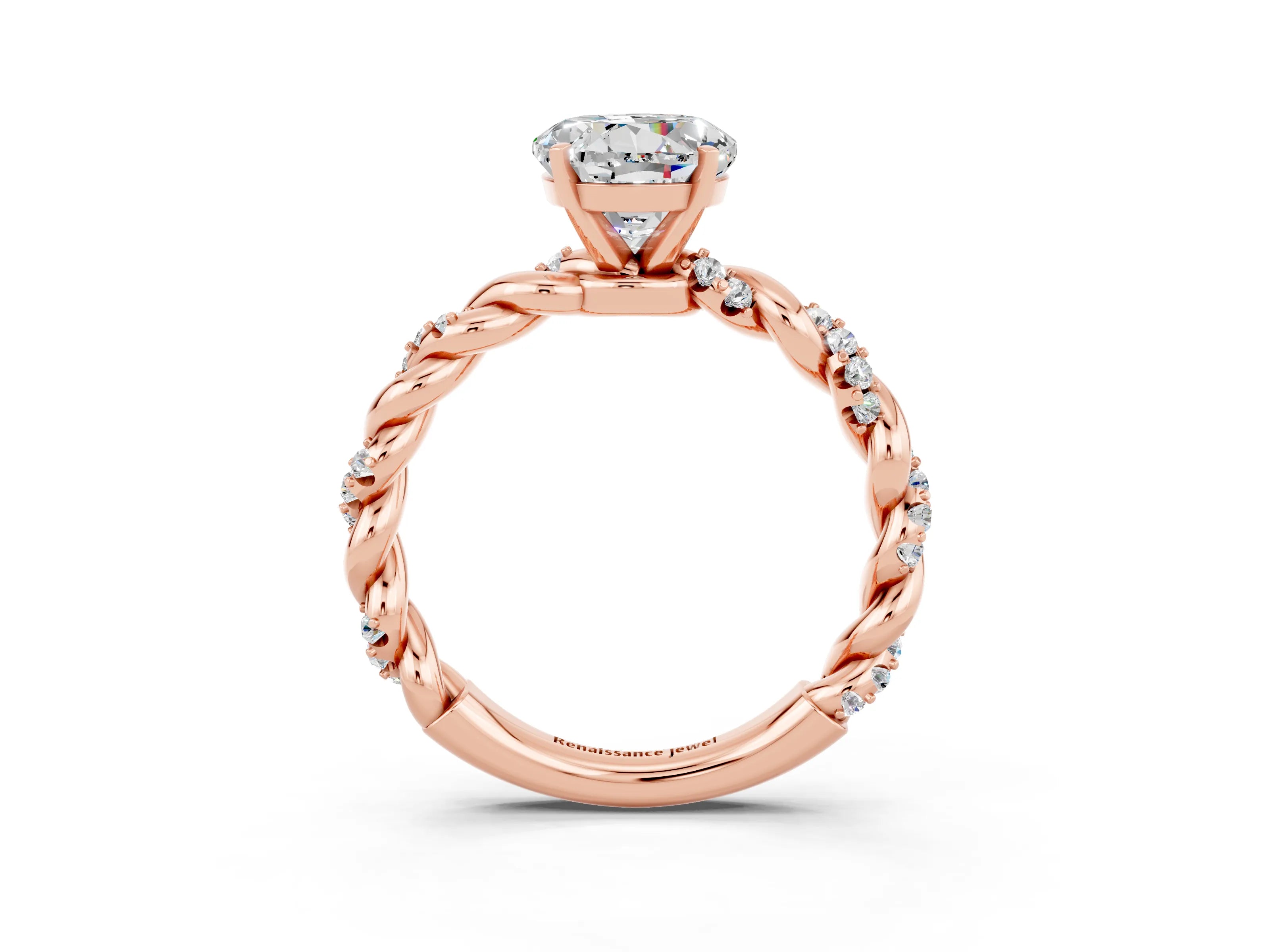 Rose gold Round Cut Moissanite Solitaire Ring with Twisted Band and Pavé Accents_3