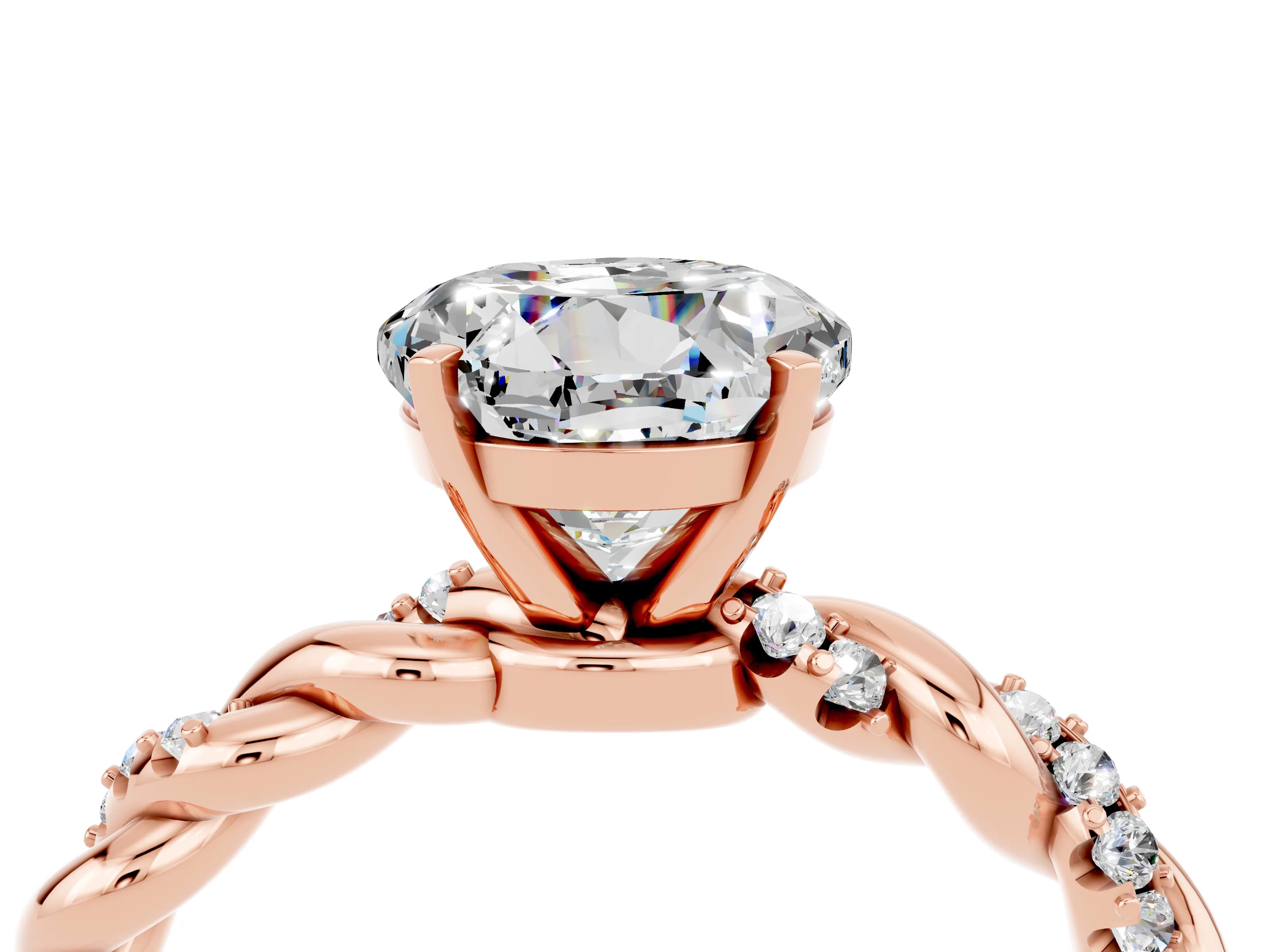 Rose gold Round Cut Moissanite Solitaire Ring with Twisted Band and Pavé Accents_4