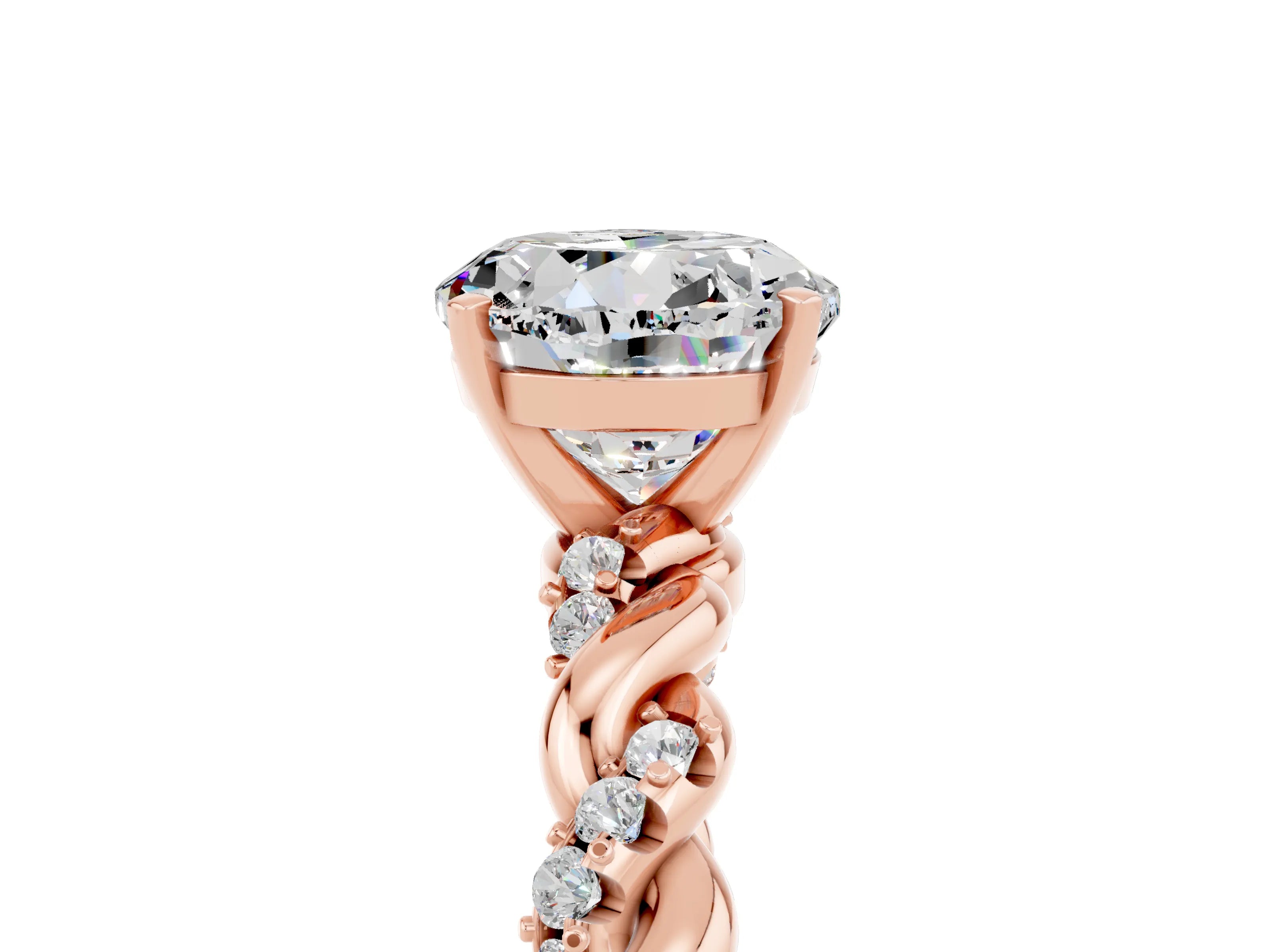 Rose gold Round Cut Moissanite Solitaire Ring with Twisted Band and Pavé Accents_5