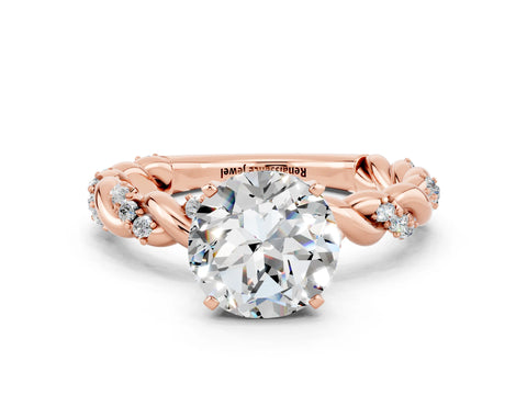 Rose gold Round Cut Moissanite Solitaire Ring with Twisted Band and Pavé Accents
