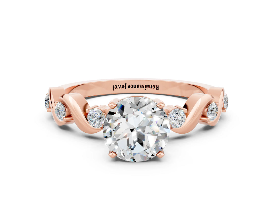 Rose gold Round Cut Moissanite Solitaire Twisted Band with Round  Accents and Prong Setting_12