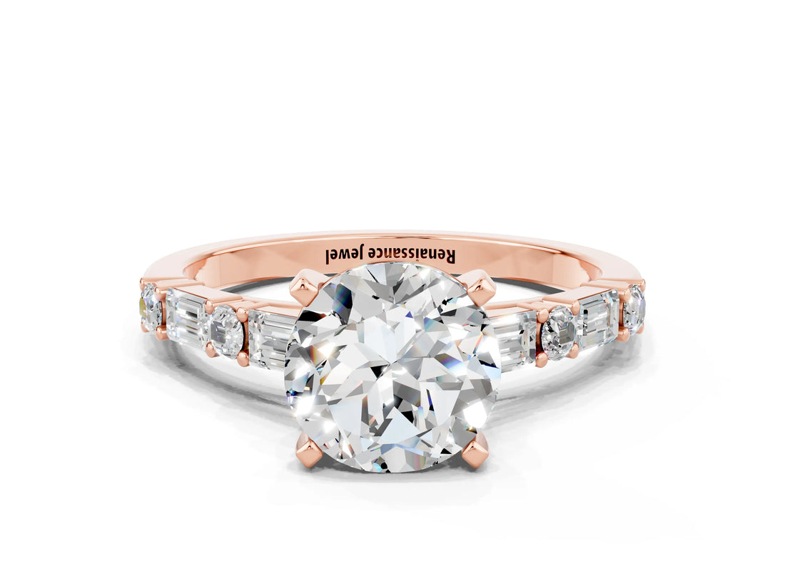 Rose gold Round Cut Moissanite Solitaire with Side Baguettes and Channel Set Band