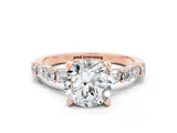Rose gold Round Cut Moissanite Solitaire with Side Baguettes and Channel Set Band