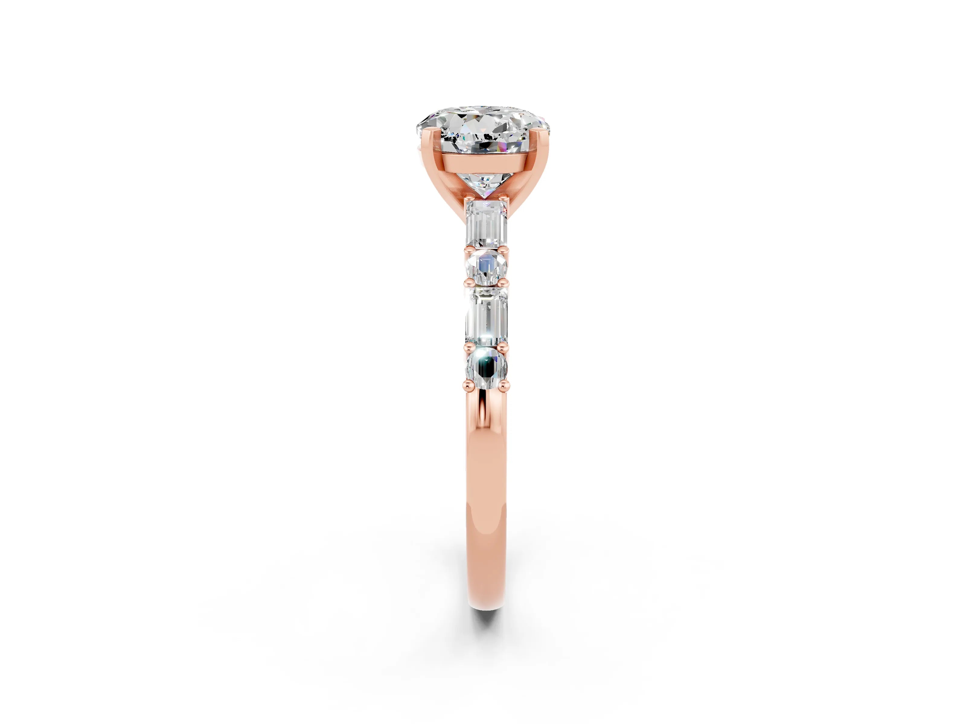 Rose gold Round Cut Moissanite Solitaire with Side Baguettes and Channel Set Band_2
