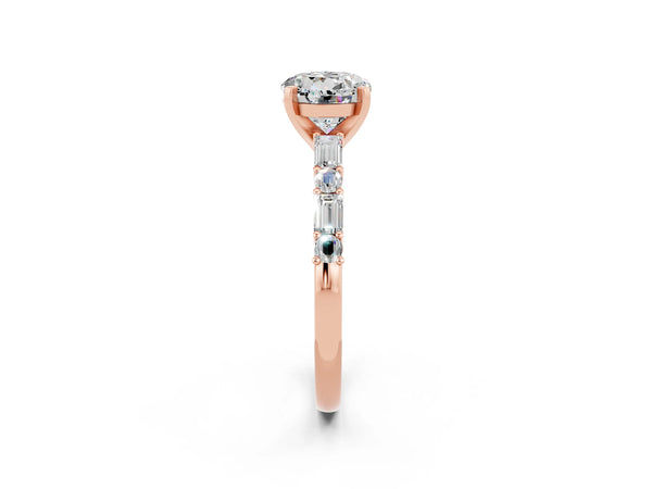 Rose gold Round Cut Moissanite Solitaire with Side Baguettes and Channel Set Band