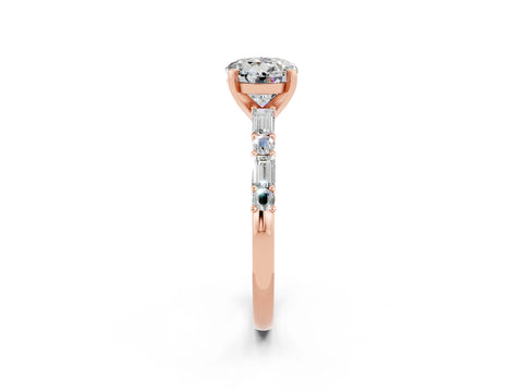 Rose gold Round Cut Moissanite Solitaire with Side Baguettes and Channel Set Band_2