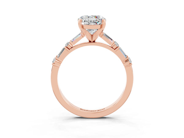 Rose gold Round Cut Moissanite Solitaire with Side Baguettes and Channel Set Band