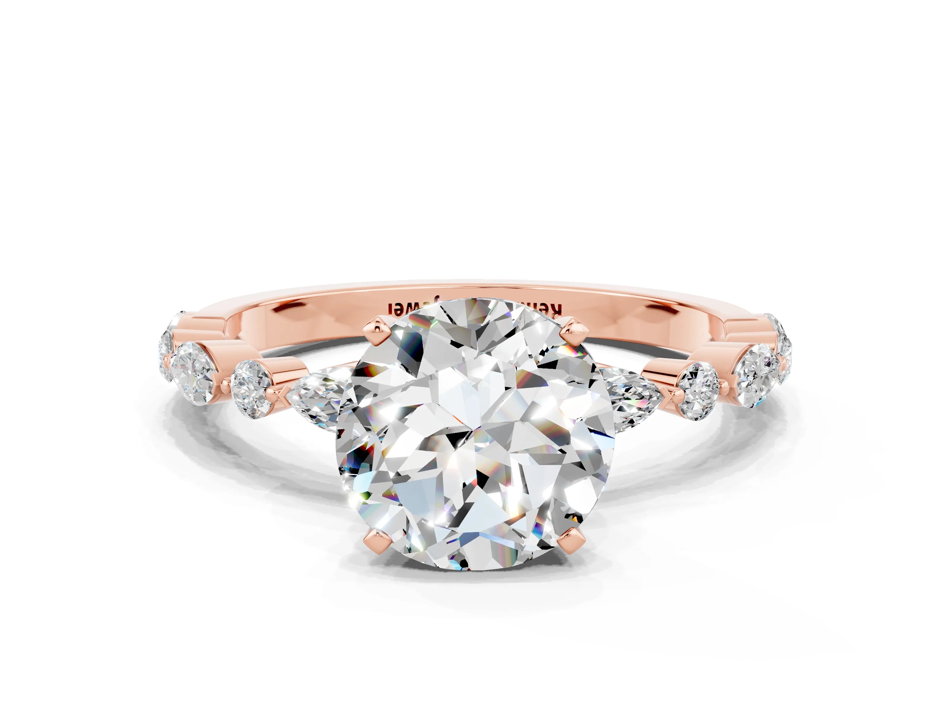 Rose gold Round Cut Moissanite Solitaire with Side Stones on a Pavé Band and Four-Prong Setting
