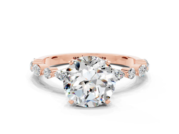 Rose gold Round Cut Moissanite Ring with Marquise and Round  Side Stones and Four-Prong Setting
