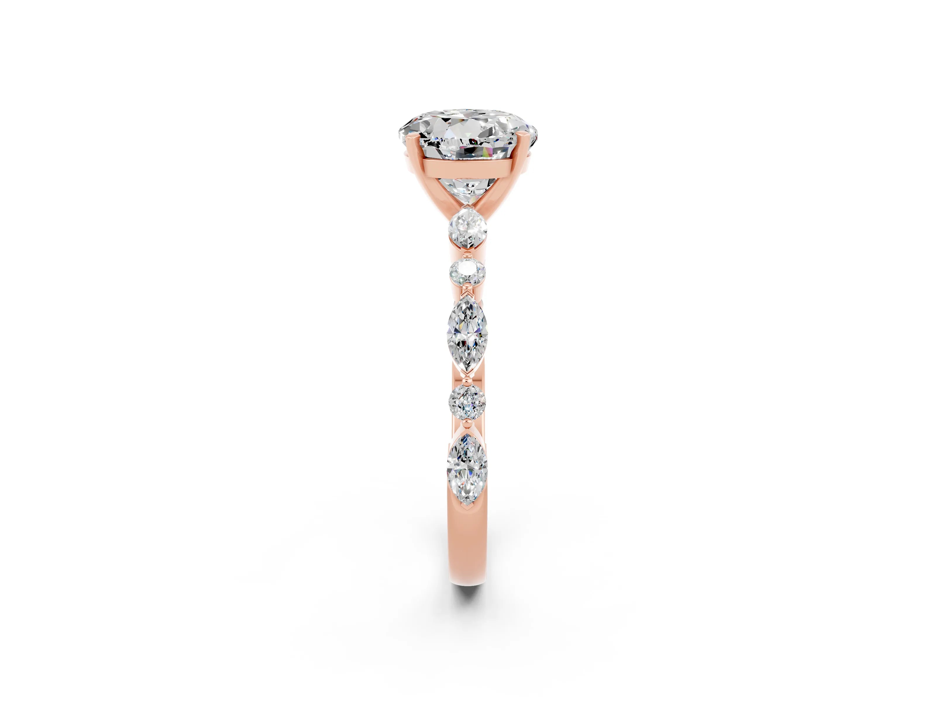 Rose gold Round Cut Moissanite Solitaire with Side Stones on a Pavé Band and Four-Prong Setting_2