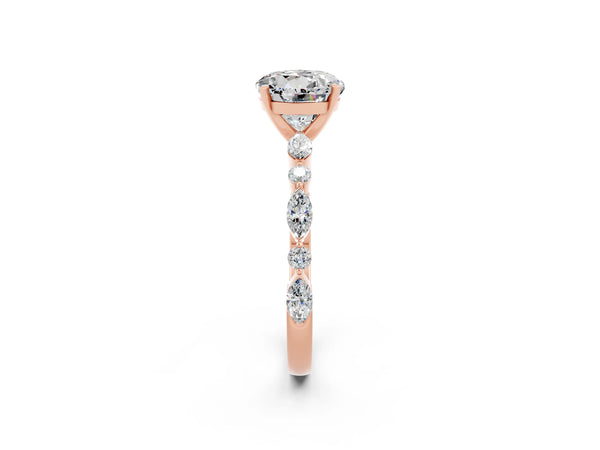 Rose gold Round Cut Moissanite Ring with Marquise and Round  Side Stones and Four-Prong Setting