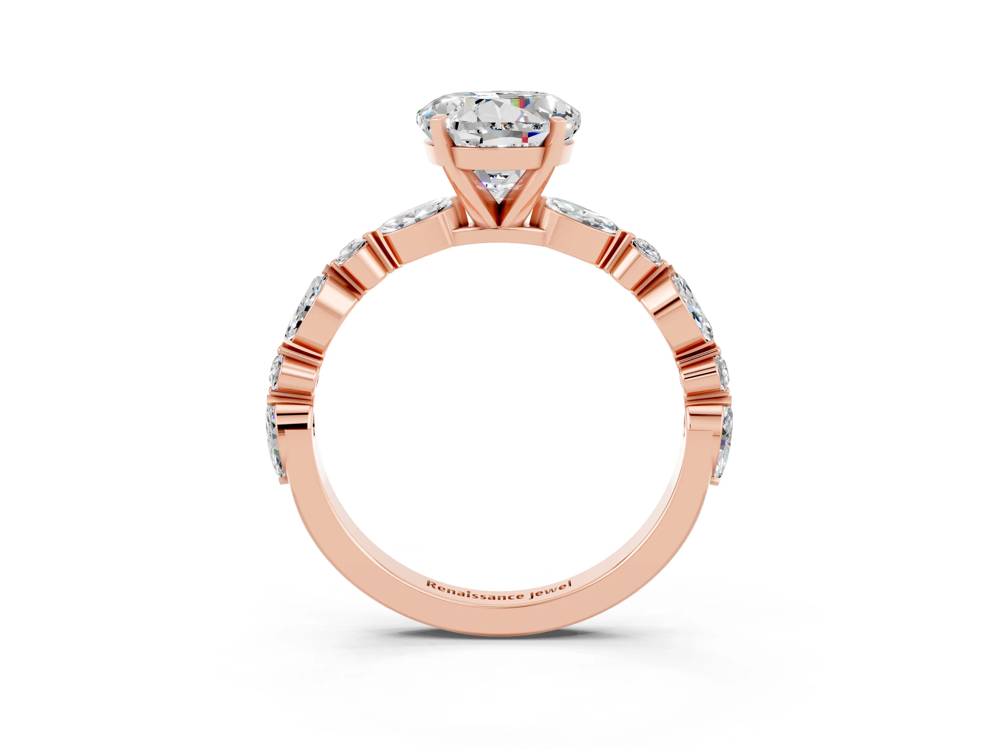 Rose gold Round Cut Moissanite Solitaire with Side Stones on a Pavé Band and Four-Prong Setting_3