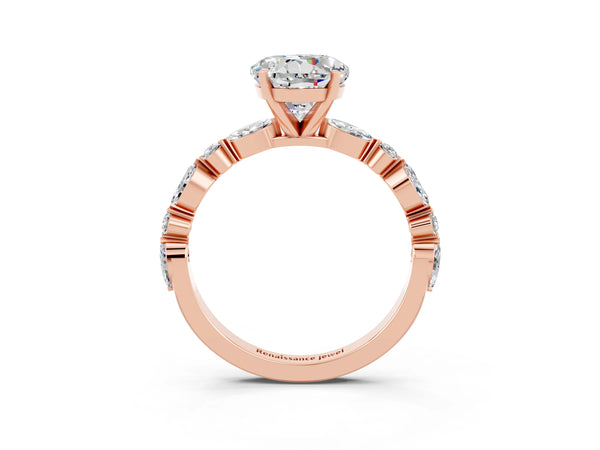 Rose gold Round Cut Moissanite Ring with Marquise and Round  Side Stones and Four-Prong Setting