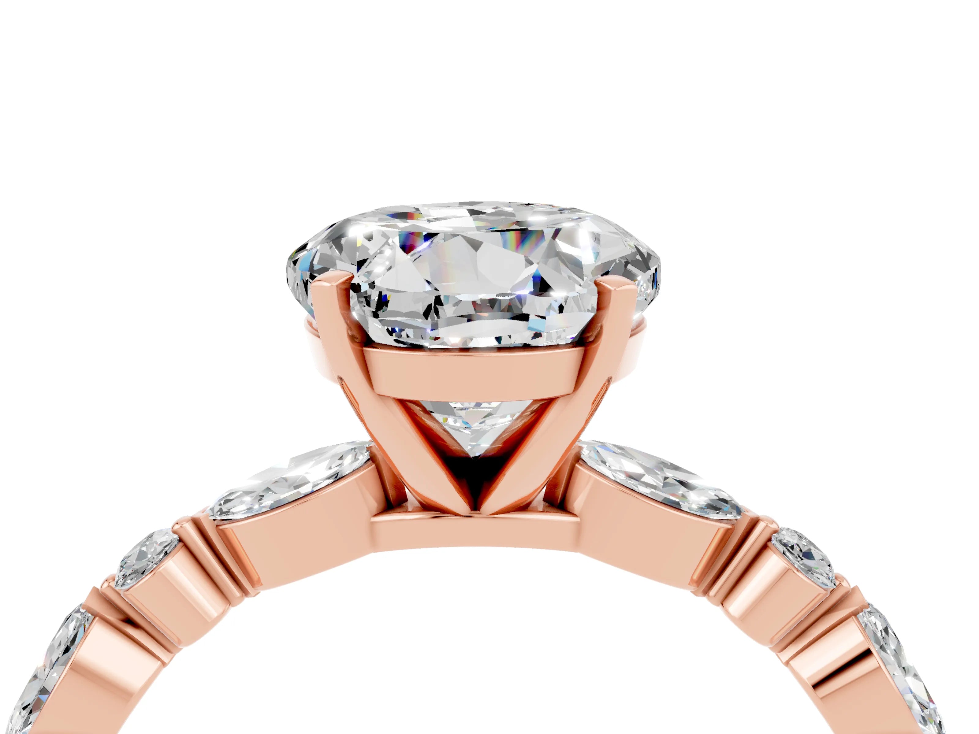 Rose gold Round Cut Moissanite Solitaire with Side Stones on a Pavé Band and Four-Prong Setting_4