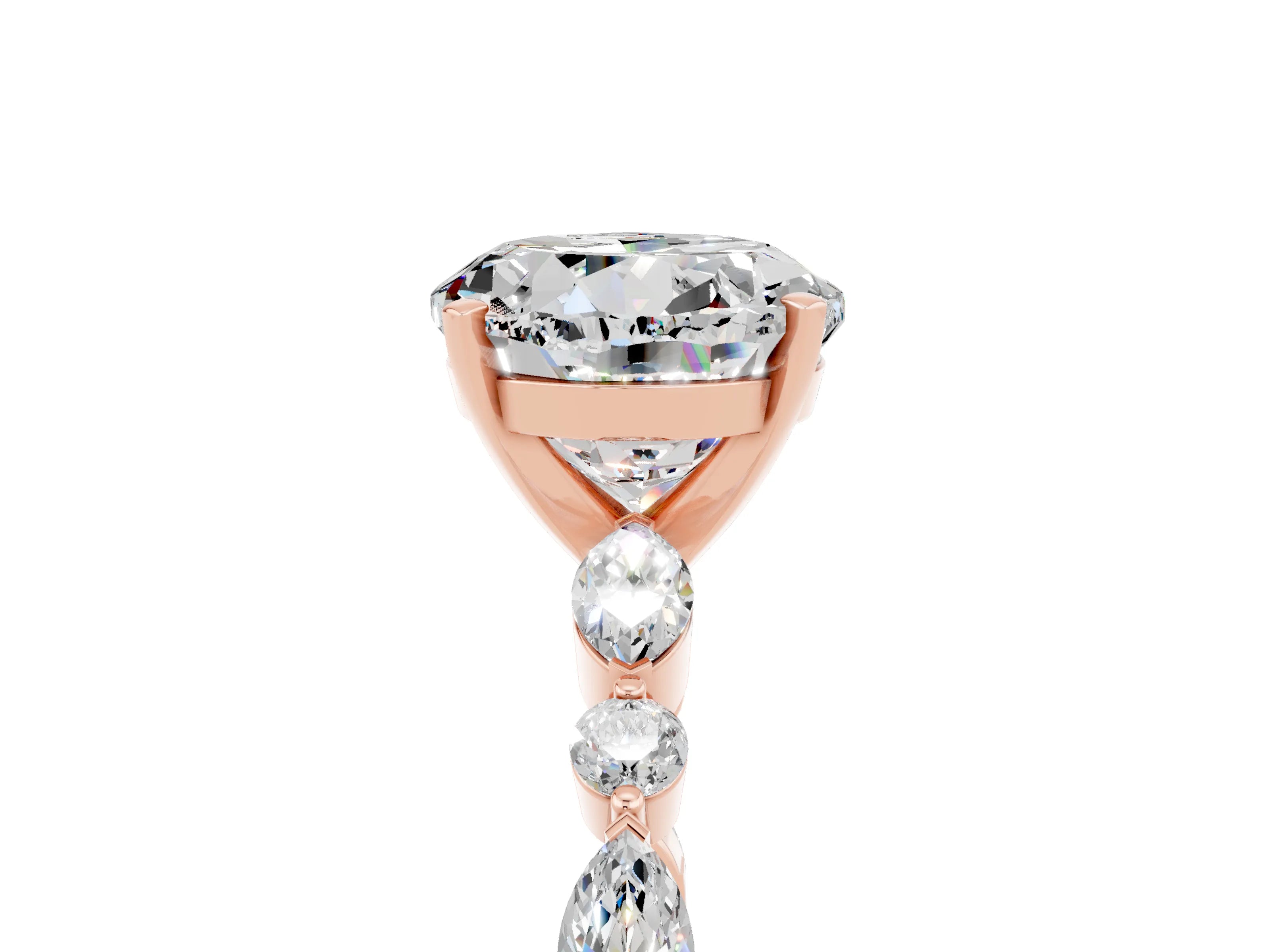 Rose gold Round Cut Moissanite Solitaire with Side Stones on a Pavé Band and Four-Prong Setting_5