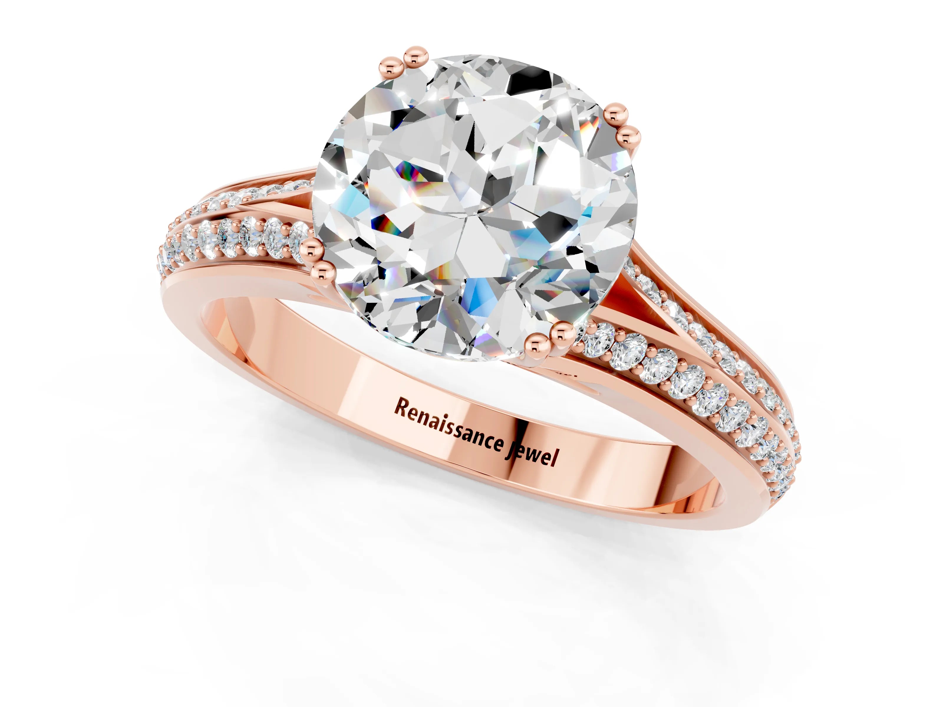 Rose gold Round Cut Moissanite Split Shank Engagement Ring with Pavé Band_1