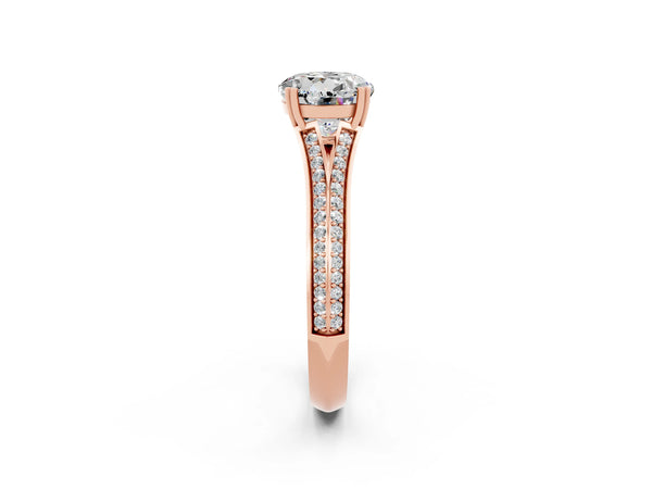 Rose gold Round Cut Moissanite Split Shank Engagement Ring with Pavé Band