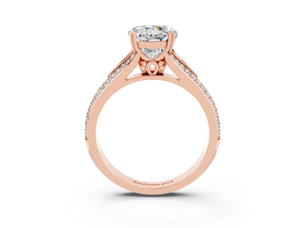 Rose gold Round Cut Moissanite Split Shank Engagement Ring with Pavé Band