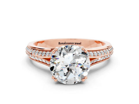 Rose gold Round Cut Moissanite Split Shank Engagement Ring with Pavé Band