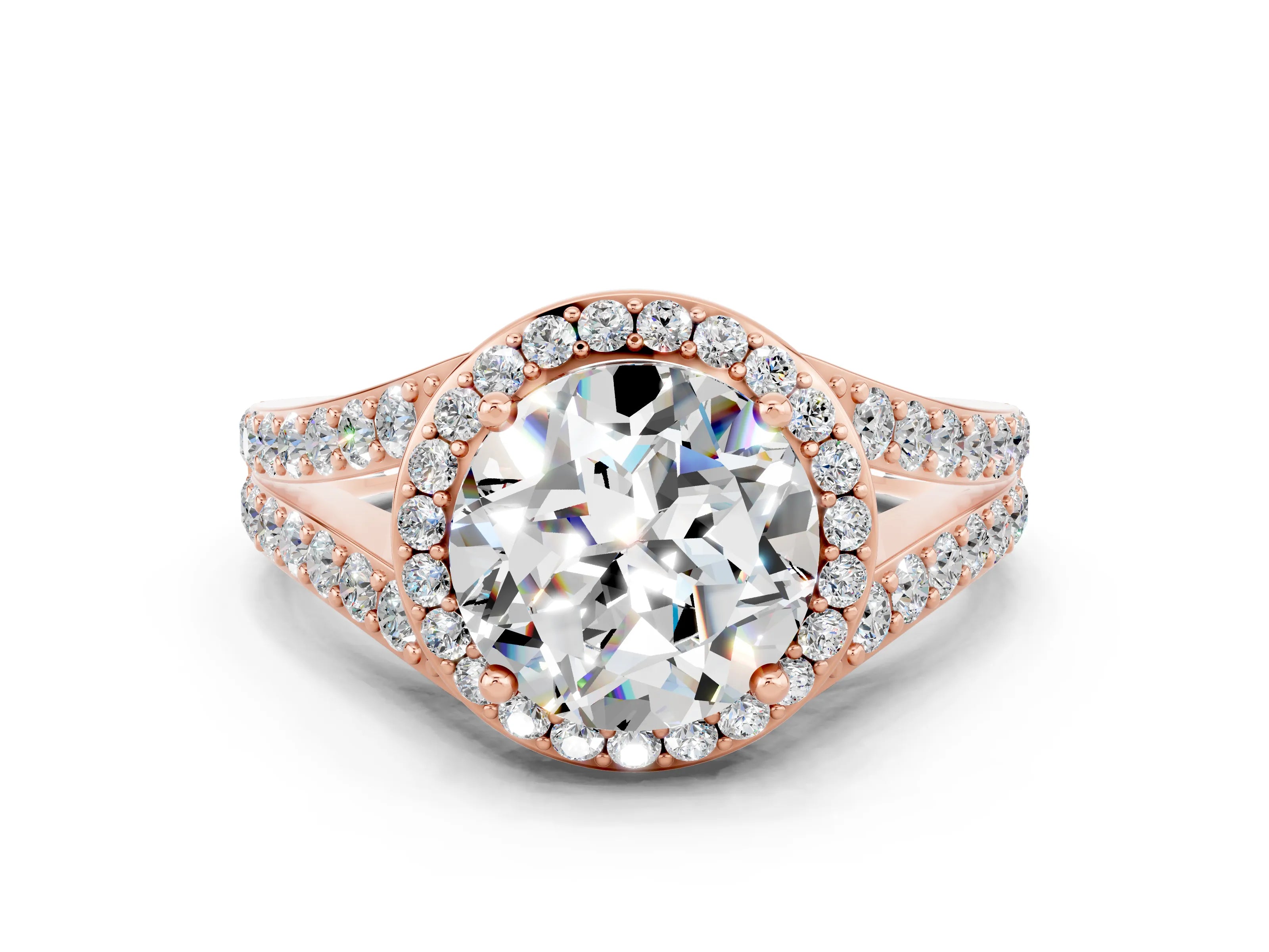 Rose gold Round Cut Moissanite Split Shank Halo Ring with Four-Prong Setting_12