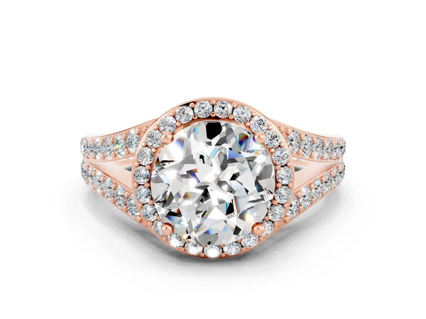 Rose gold Round Cut Moissanite Split Shank Halo Ring with Four-Prong Setting