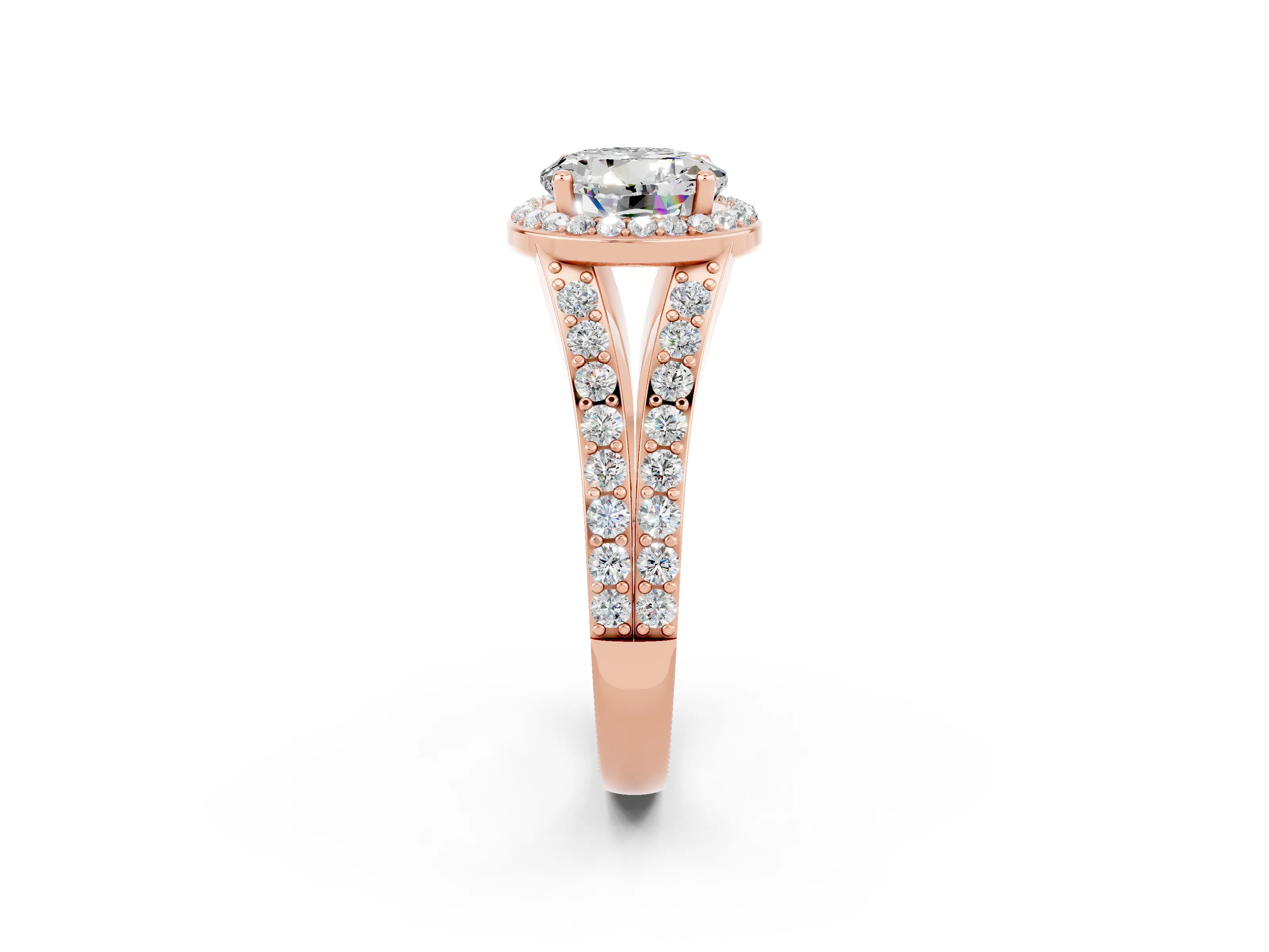 Rose gold Round Cut Moissanite Split Shank Halo Ring with Four-Prong Setting_14