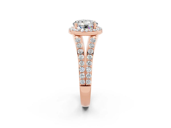 Rose gold Round Cut Moissanite Split Shank Halo Ring with Four-Prong Setting