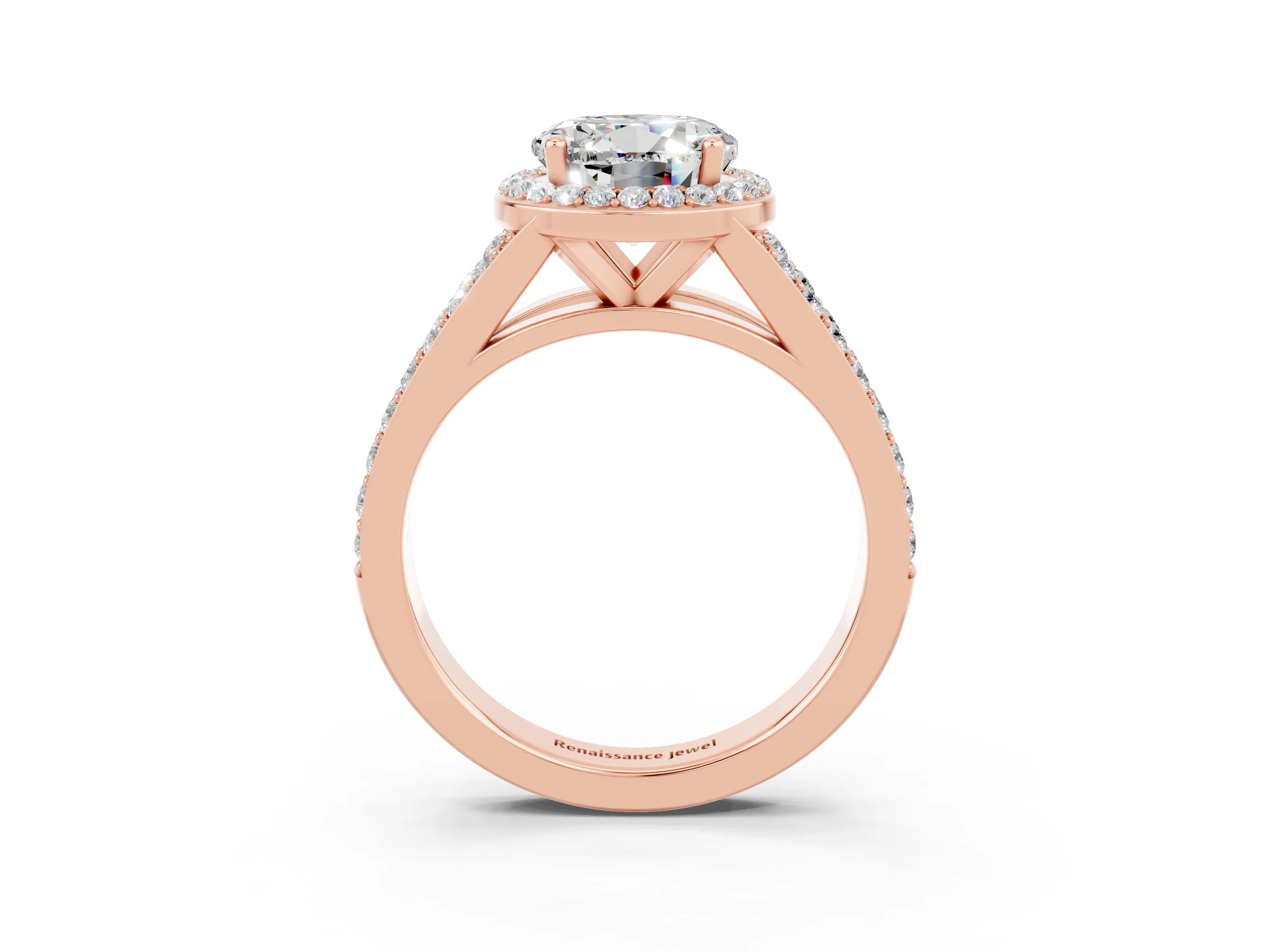 Rose gold Round Cut Moissanite Split Shank Halo Ring with Four-Prong Setting_15