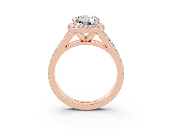Rose gold Round Cut Moissanite Split Shank Halo Ring with Four-Prong Setting