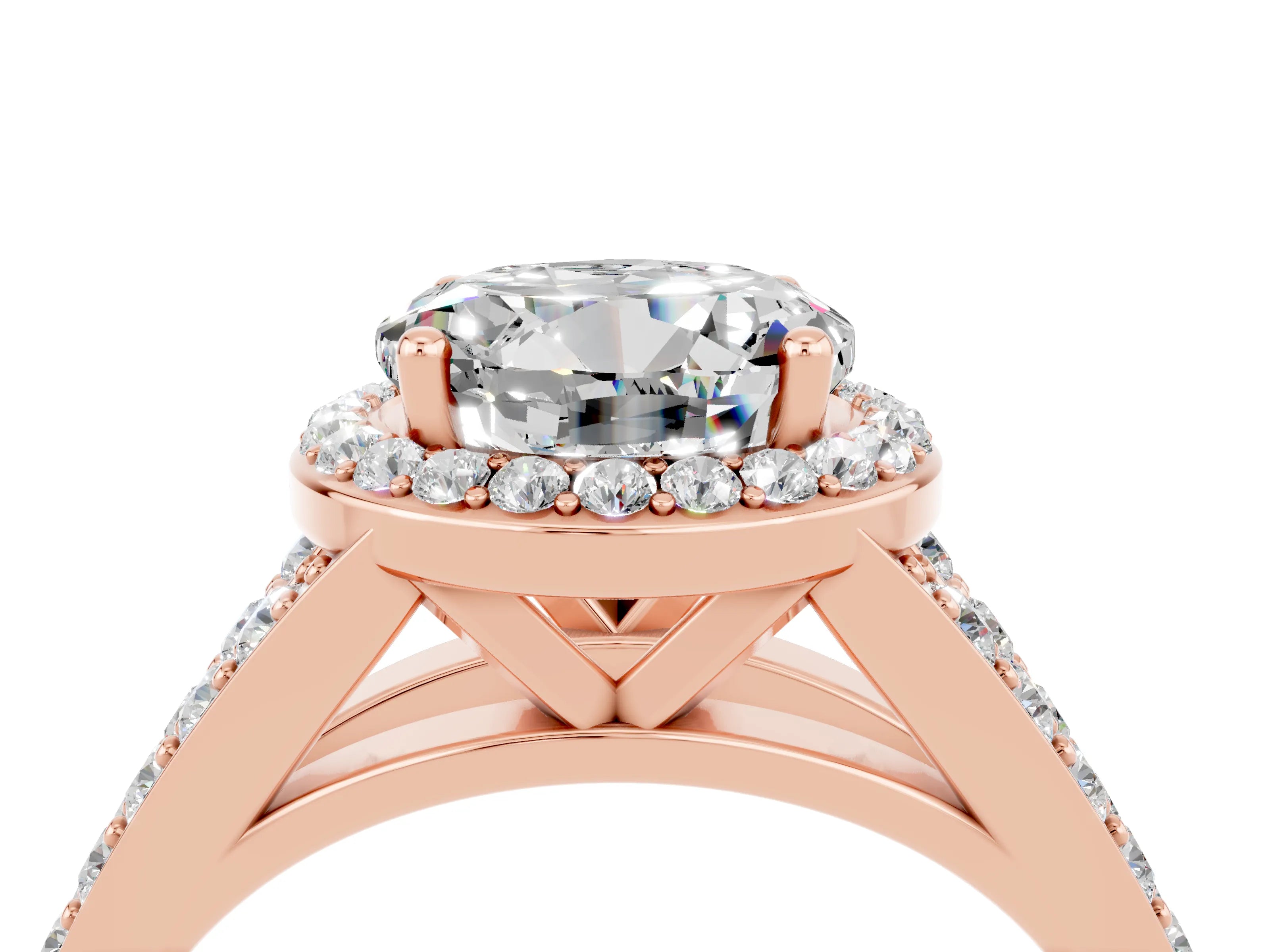 Rose gold Round Cut Moissanite Split Shank Halo Ring with Four-Prong Setting_16