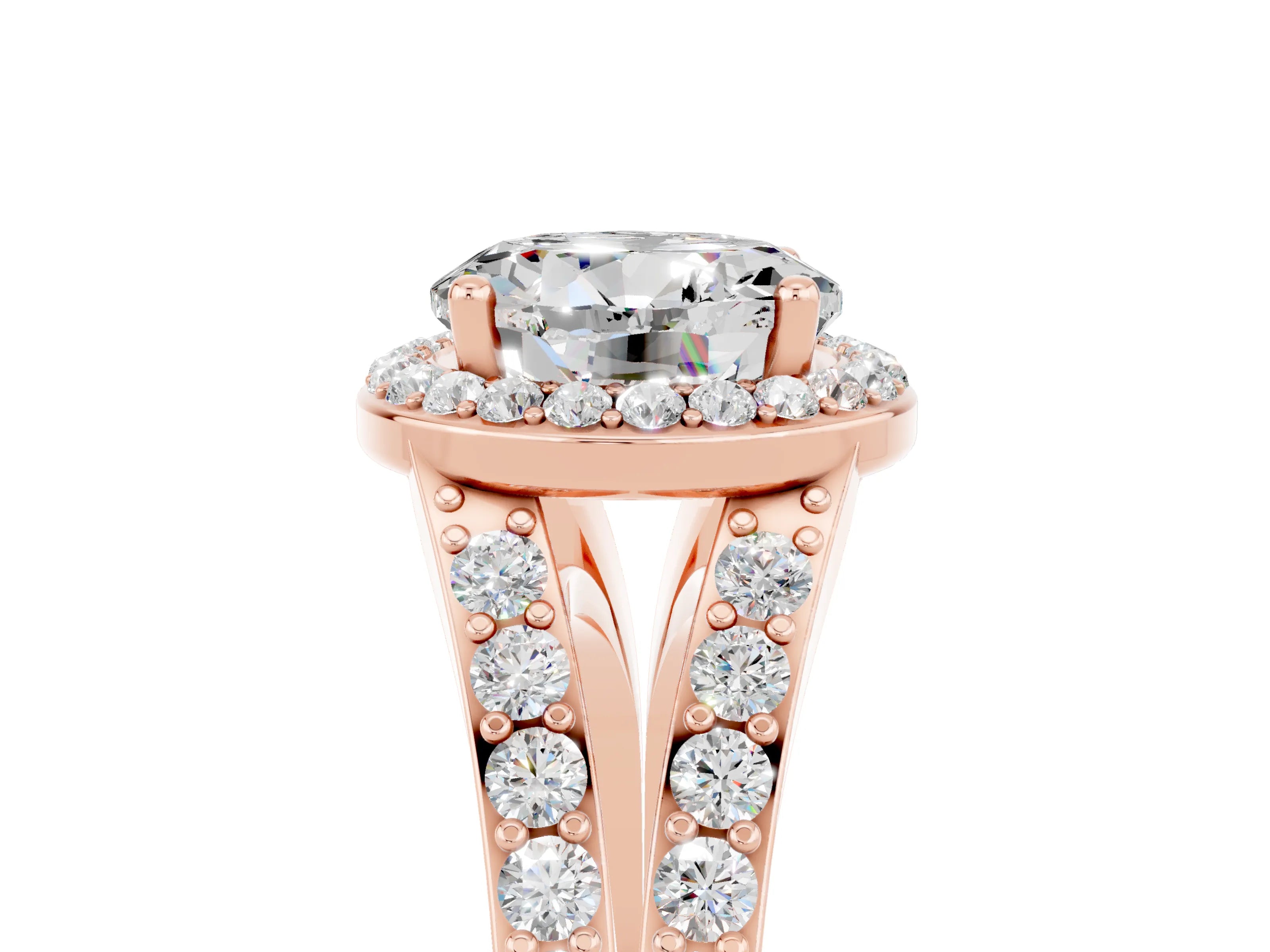 Rose gold Round Cut Moissanite Split Shank Halo Ring with Four-Prong Setting_17